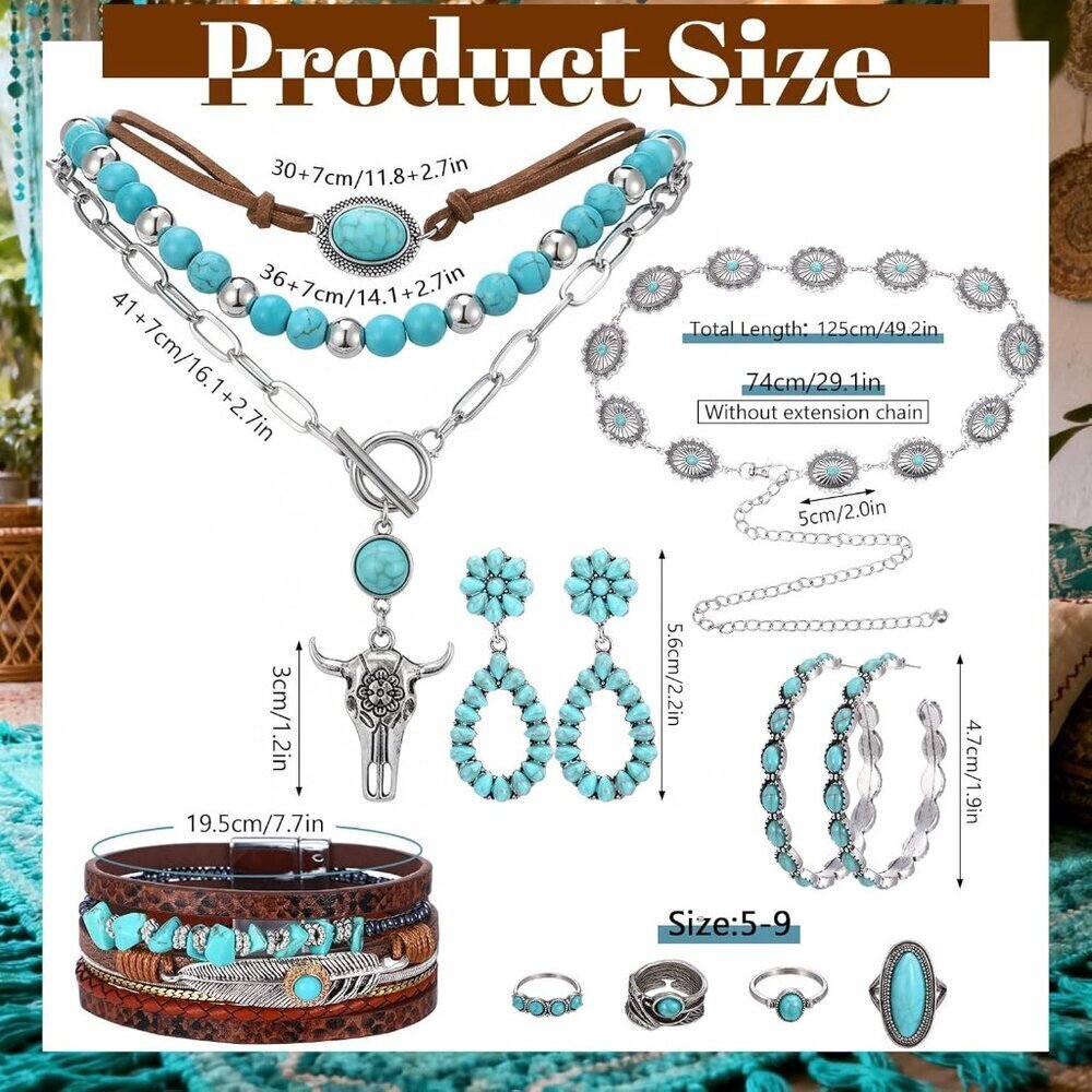 Jewelry Set Women Turquoise Faux Leather Dangle Earrings Necklace Belt - Picture 7 of 7